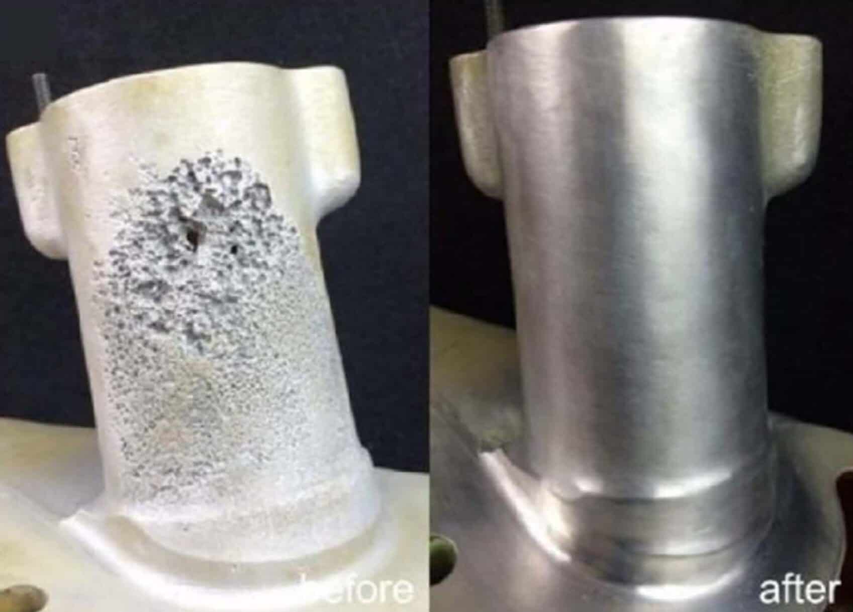 Metal parça yüzeylerindeki düzensiz çukurları ve kusurları onaran soğuk sprey kaplama işlemi, öncesi ve sonrası karşılaştırması