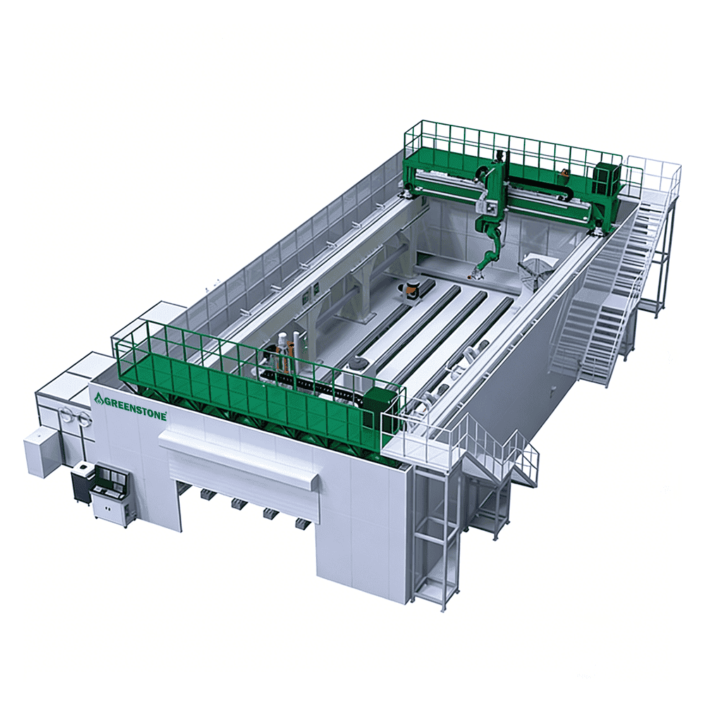 Platformă hibridă de sudare cu laser Greenstone de 30 kW cu două roboți (anvelopa maximă de lucru: 12000 × 5000 × 1000 mm)