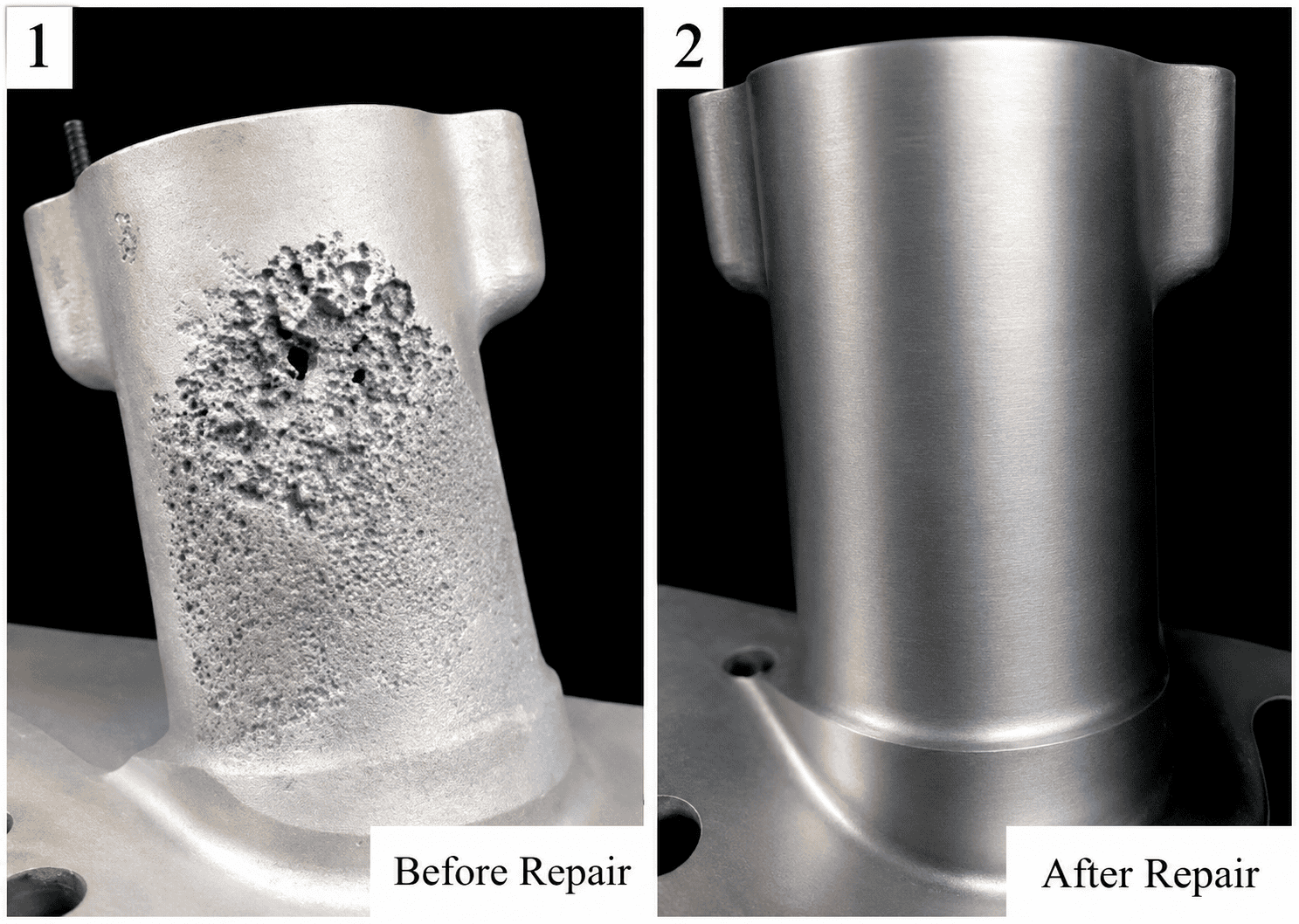 Before and after comparison of parts repaired using cold spray technology