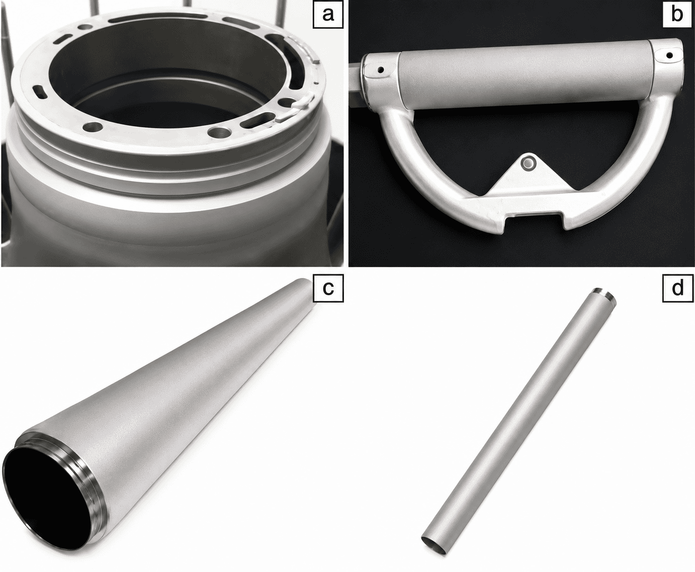 Repaired T7000 front frame (a) and aircraft refueling cap (b) by cold spray technology; rotating silver target (c) and rotating silicon aluminum target (d) prepared by cold spray technology