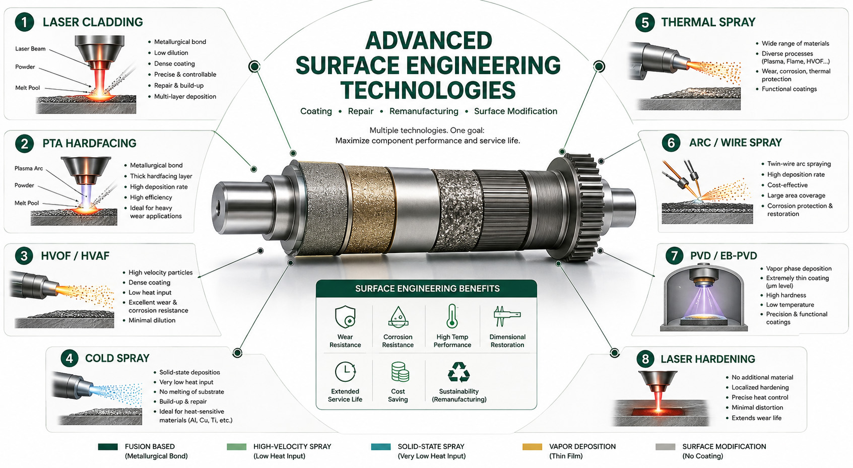 Advanced surface engineering technologies including laser cladding, PTA hardfacing, HVOF, HVAF, cold spray, thermal spray, PVD and laser hardening