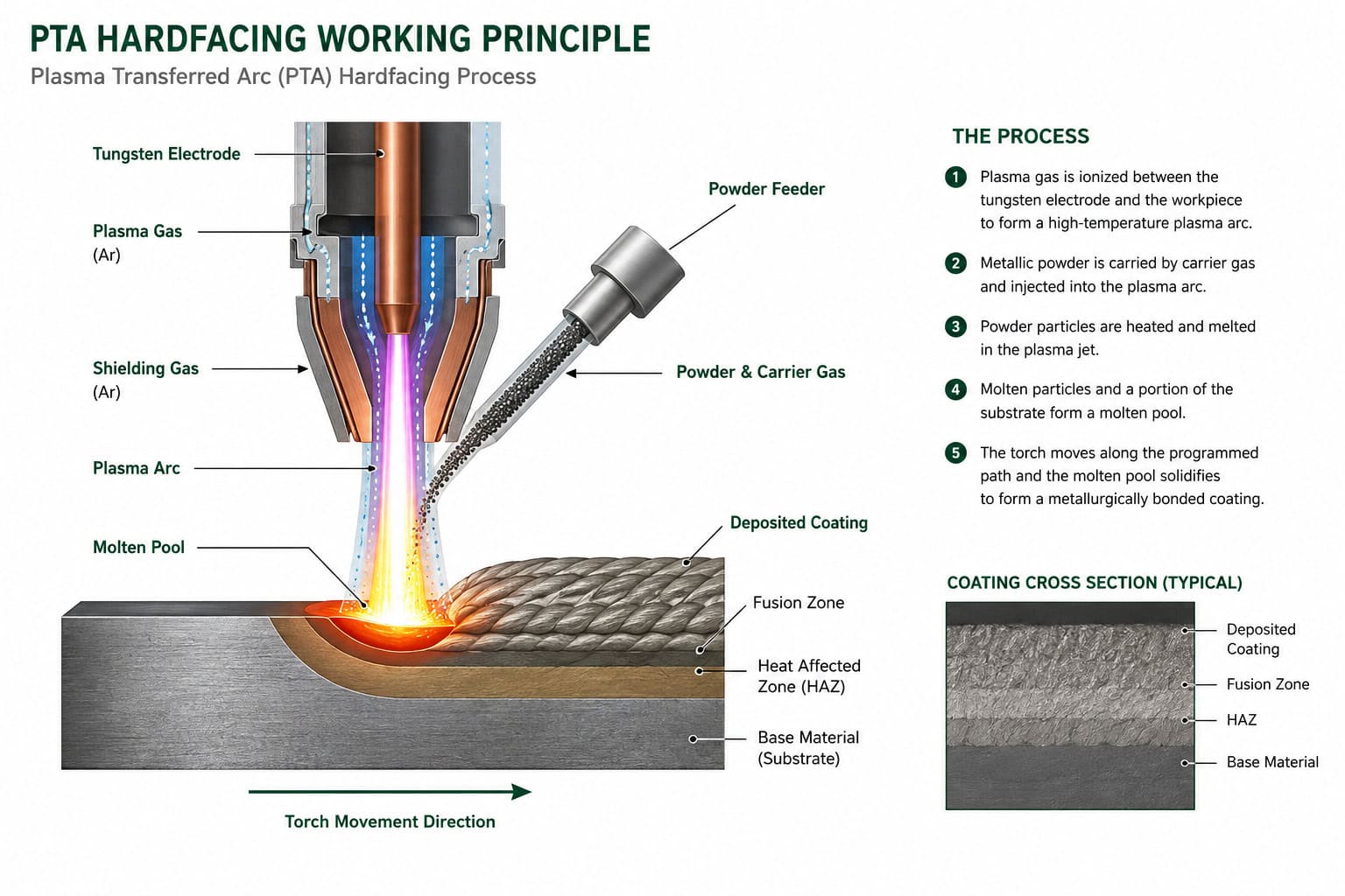 Plasma Transferred Arc (PTA) Hardfacing Working Principle and Process Diagram
