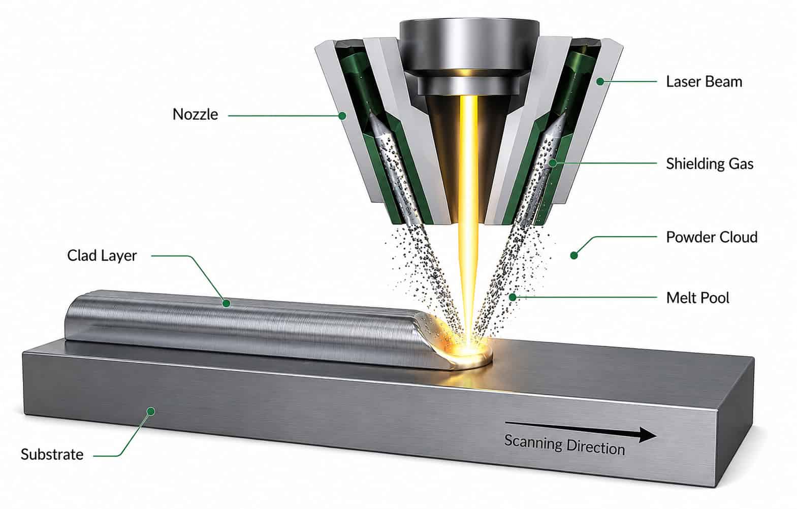 Powder-Fed DED Laser Metal 3D Printing Additive Manufacturing Process Principle Diagram