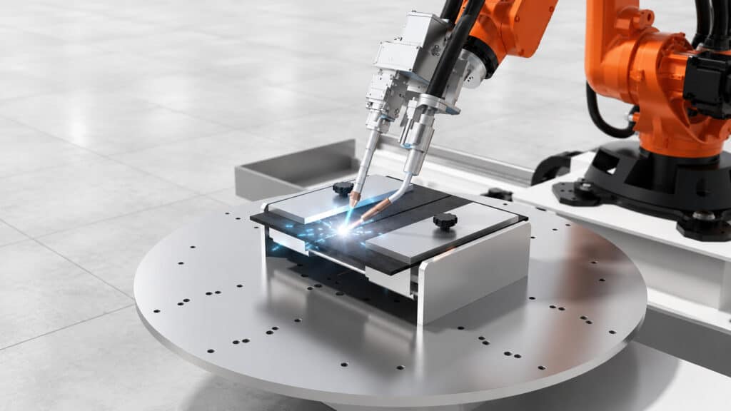 Laser-boog hybride lasproces met industriële robot voor snel diepdoorlassen.